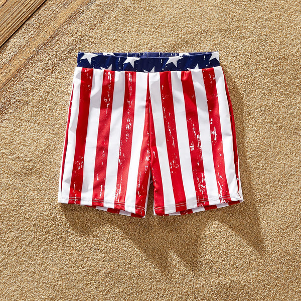 Independence Day Family Matching Star & Striped Print One Shoulder Cut Out Waist One-piece Swimsuit or Swim Trunks Shorts - 20621842