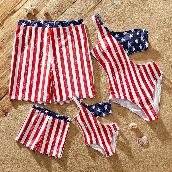 Independence Day Family Matching Star & Striped Print One Shoulder Cut Out Waist One-piece Swimsuit or Swim Trunks Shorts - 20621842