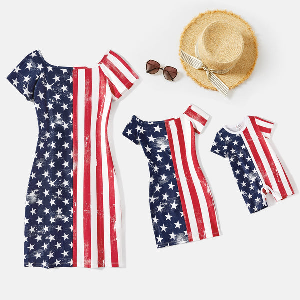 Independence Day Mommy and Me Star & Striped Print Spliced Off Shoulder Short-sleeve Bodycon Dresses - 20632570