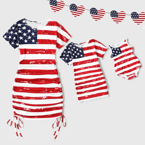 Independence Day Mommy and Me Star & Striped Spliced Short-sleeve Drawstring Ruched Bodycon T-shirt Dresses - 20622560