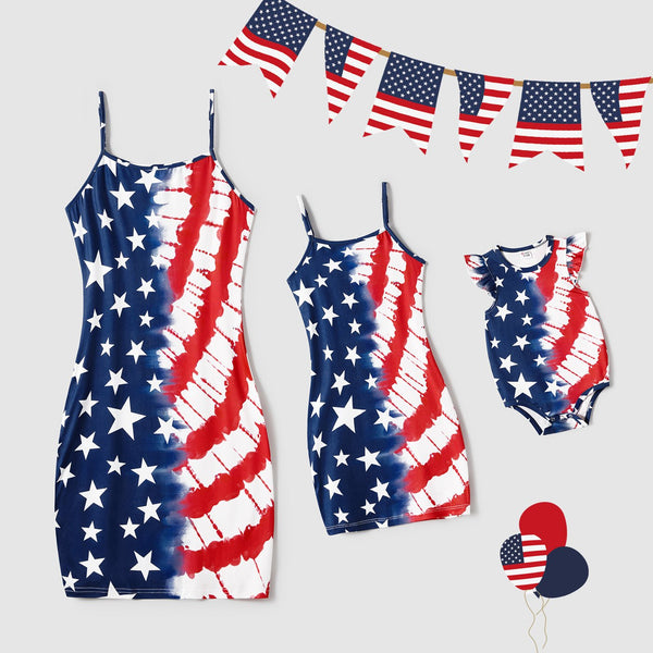 Independence Day Mommy and Me Star & Striped Spliced Short-sleeve Drawstring Ruched Bodycon T-shirt Dresses - 20631682