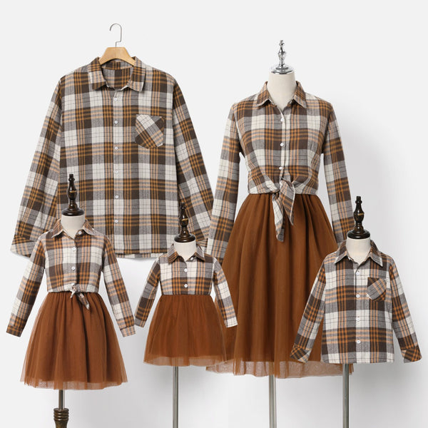 Khaki Plaid Family Matching Long-sleeve Lapel Shirts and Mesh Skirts Sets - 20169571