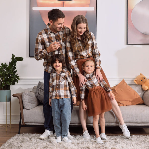 Khaki Plaid Family Matching Long-sleeve Lapel Shirts and Mesh Skirts Sets - 20169571