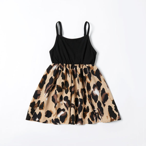 Leopard Print Splice Black Sling Dresses for Mommy and Me - 19836440