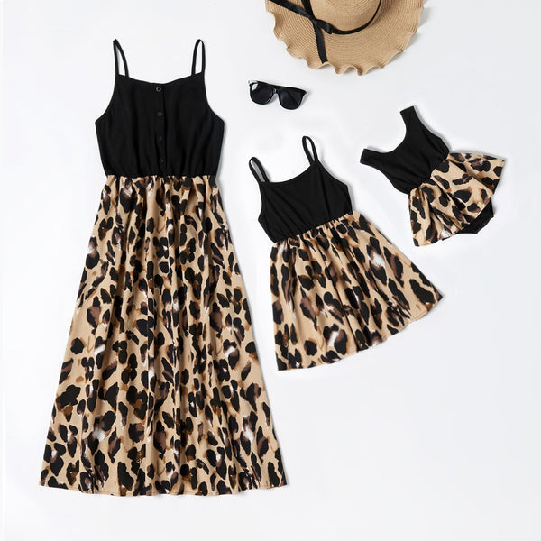 Leopard Print Splice Black Sling Dresses for Mommy and Me - 19836440