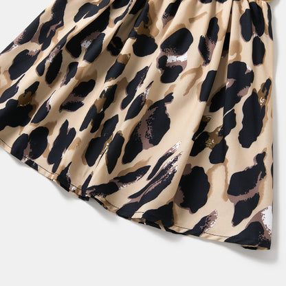 Leopard Print Splice Black Sling Dresses for Mommy and Me - 19836440