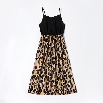 Leopard Print Splice Black Sling Dresses for Mommy and Me - 19836440