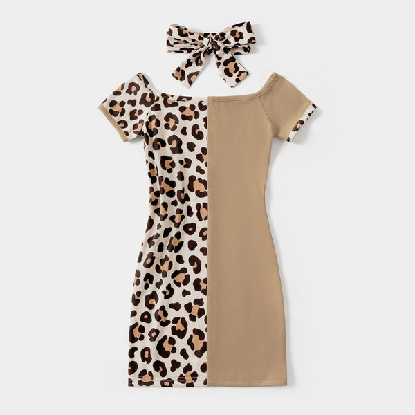 Leopard Splice Short-sleeve Matching Khaki Midi Dresses - 19946831
