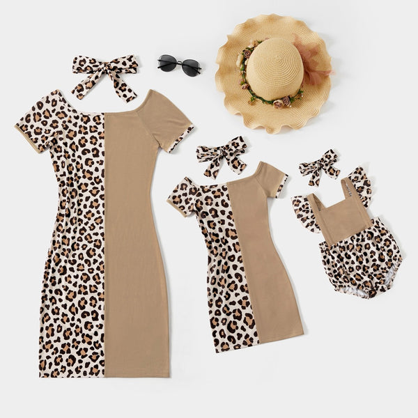 Leopard Splice Short-sleeve Matching Khaki Midi Dresses - 19946831