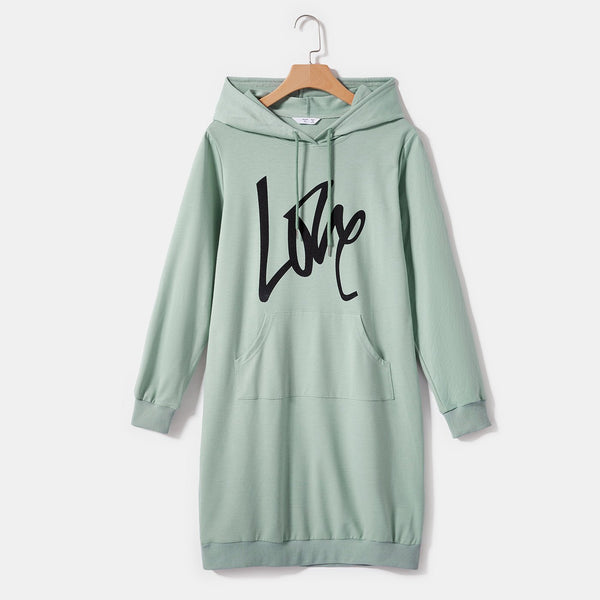 Letter Print Green Long-sleeve Drawstring Hoodie Dress for Mom and Me - 20471777