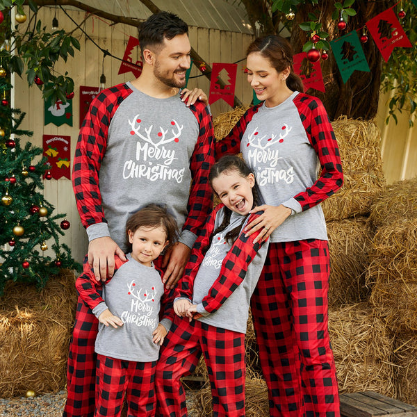 Merry Christmas Antler Letter Print Plaid Design Family Matching Pajamas Sets (Flame Resistant) - 20101000
