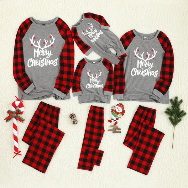 Merry Christmas Antler Letter Print Plaid Design Family Matching Pajamas Sets (Flame Resistant) - 20101000