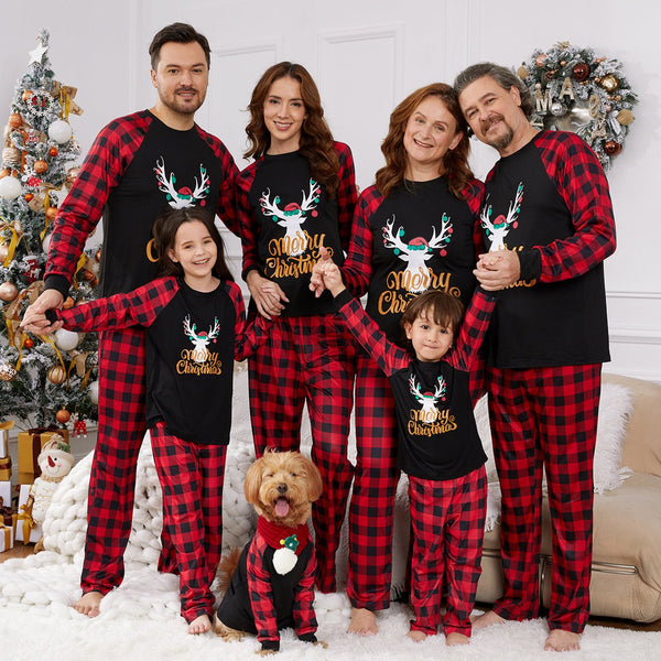 Merry Christmas Letter Antler Print Plaid Splice Matching Pajamas Sets for Family (Flame Resistant) - 19660333