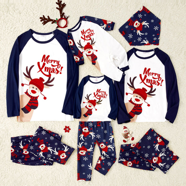 Merry Xmas Letters and Reindeer Print Navy Family Matching Long-sleeve Pajamas Sets (Flame Resistant) - 19941975