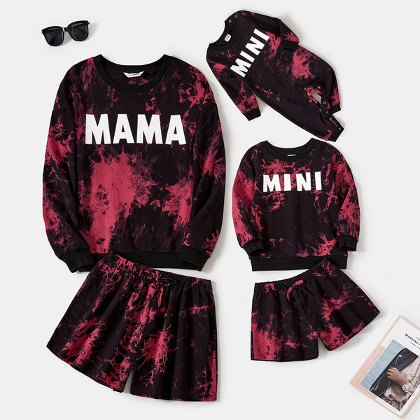 Mom and Me Letter Print Tie Dye Long-sleeve Top and Shorts Set - 20707306