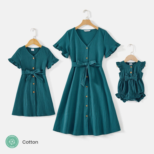 Mommy and Me 100% Cotton Button Front Solid V Neck Ruffle-sleeve Belted Dresses - 20583196