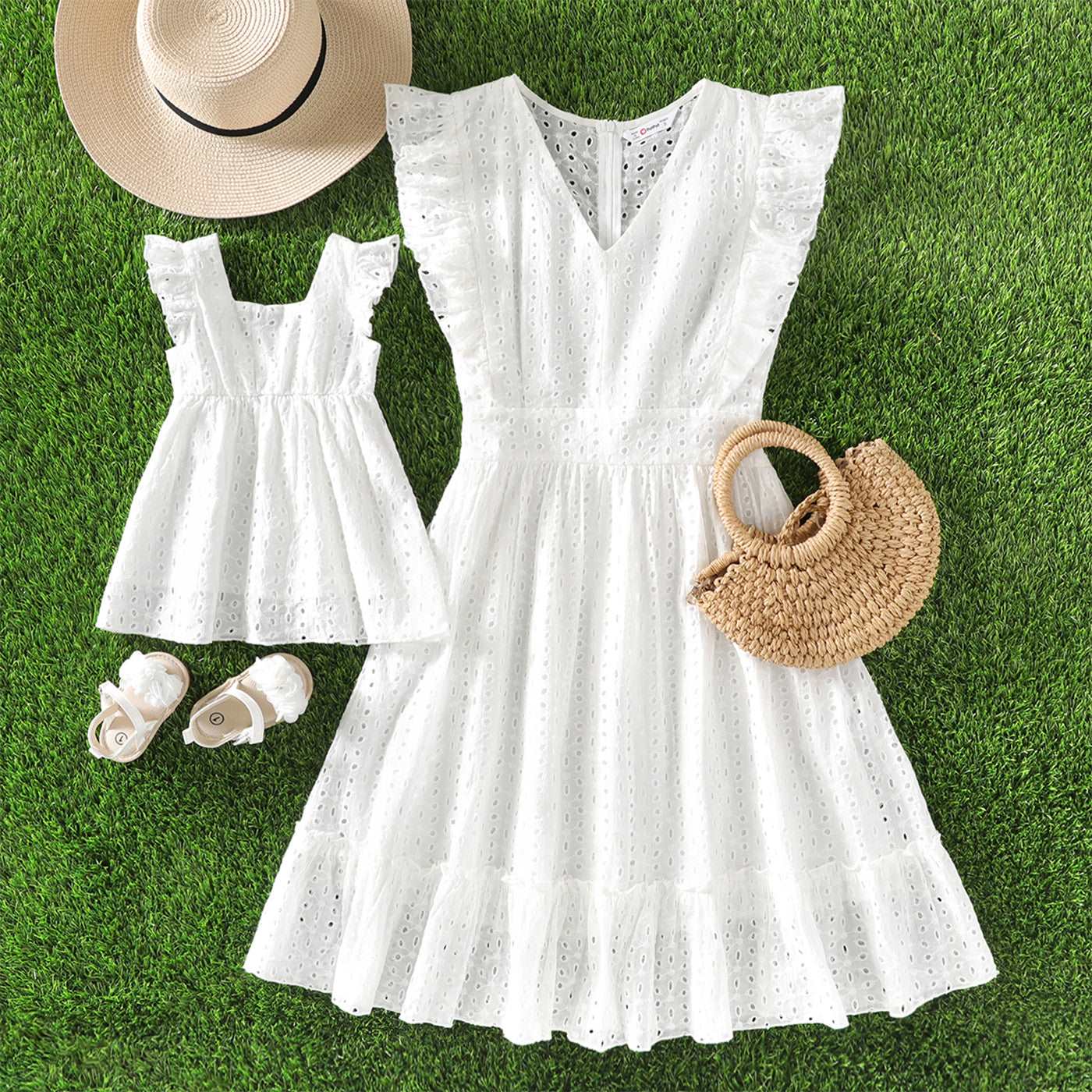 Mommy and Me 100% Cotton White Hollow-Out Floral Embroidered Ruffle Dress - 20388549