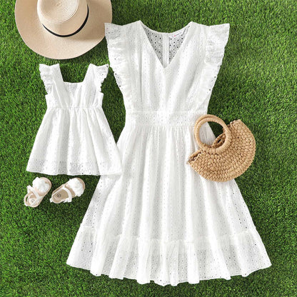 Mommy and Me 100% Cotton White Hollow-Out Floral Embroidered Ruffle Dress - 20388549