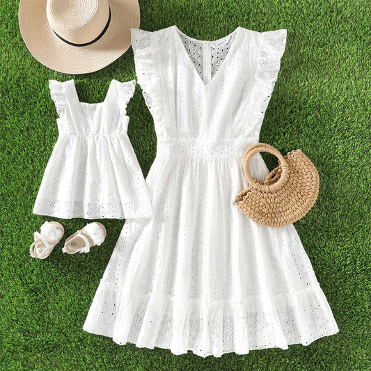 Mommy and Me 100% Cotton White Hollow-Out Floral Embroidered Ruffle Dress - 20388549