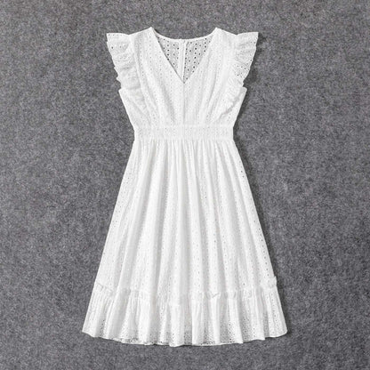 Mommy and Me 100% Cotton White Hollow-Out Floral Embroidered Ruffle Dress - 20388549