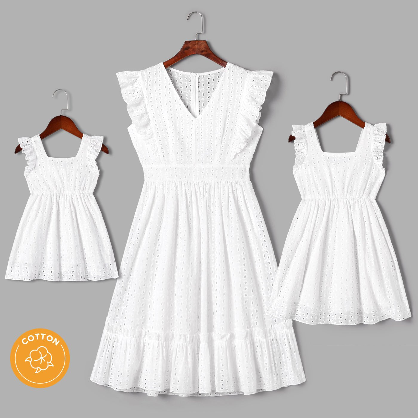 Mommy and Me 100% Cotton White Hollow-Out Floral Embroidered Ruffle Dress - 20388549