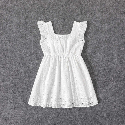 Mommy and Me 100% Cotton White Hollow-Out Floral Embroidered Ruffle Dress - 20388549