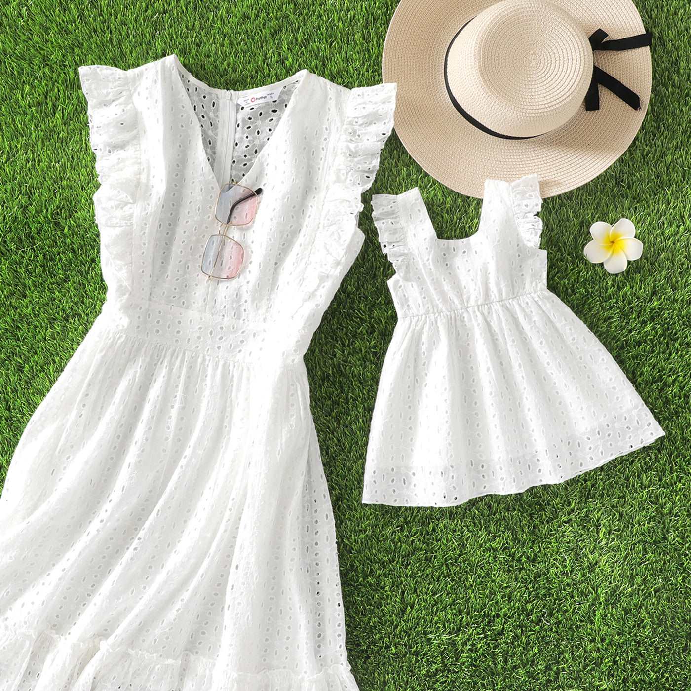 Mommy and Me 100% Cotton White Hollow-Out Floral Embroidered Ruffle Dress - 20388549