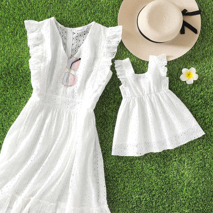 Mommy and Me 100% Cotton White Hollow-Out Floral Embroidered Ruffle Dress - 20388549