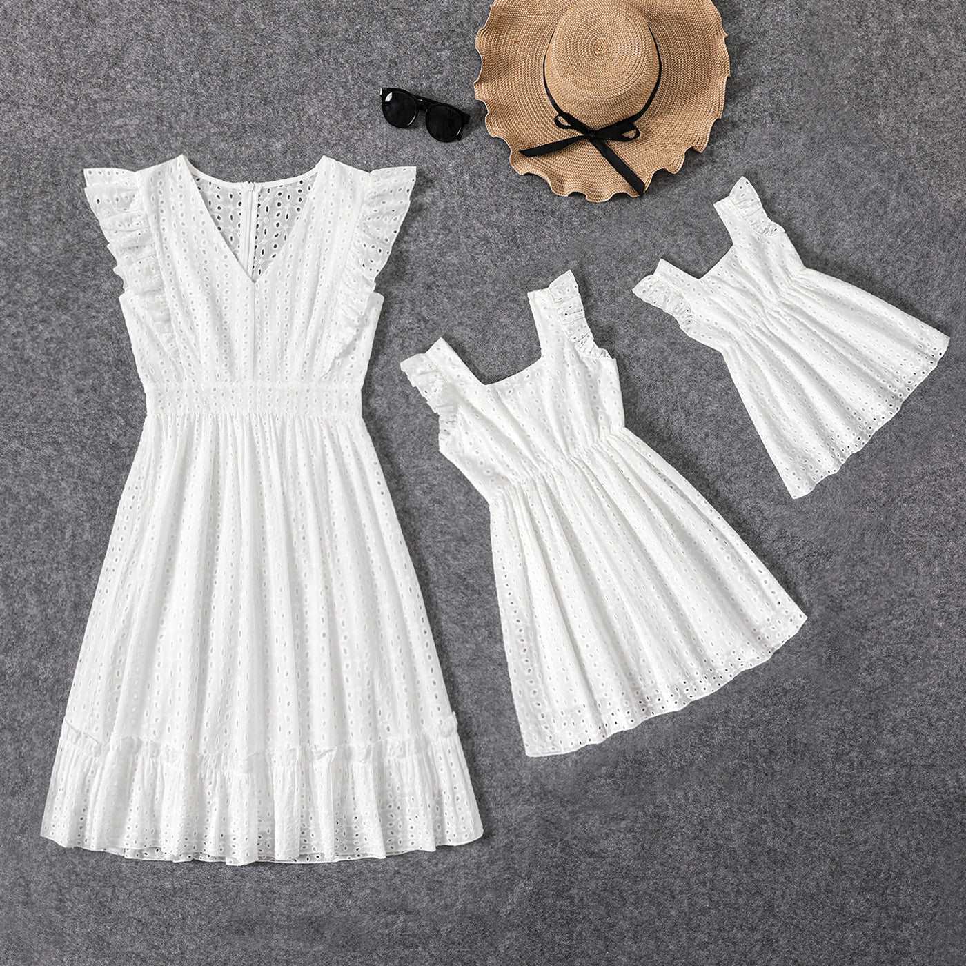Mommy and Me 100% Cotton White Hollow-Out Floral Embroidered Ruffle Dress - 20388549