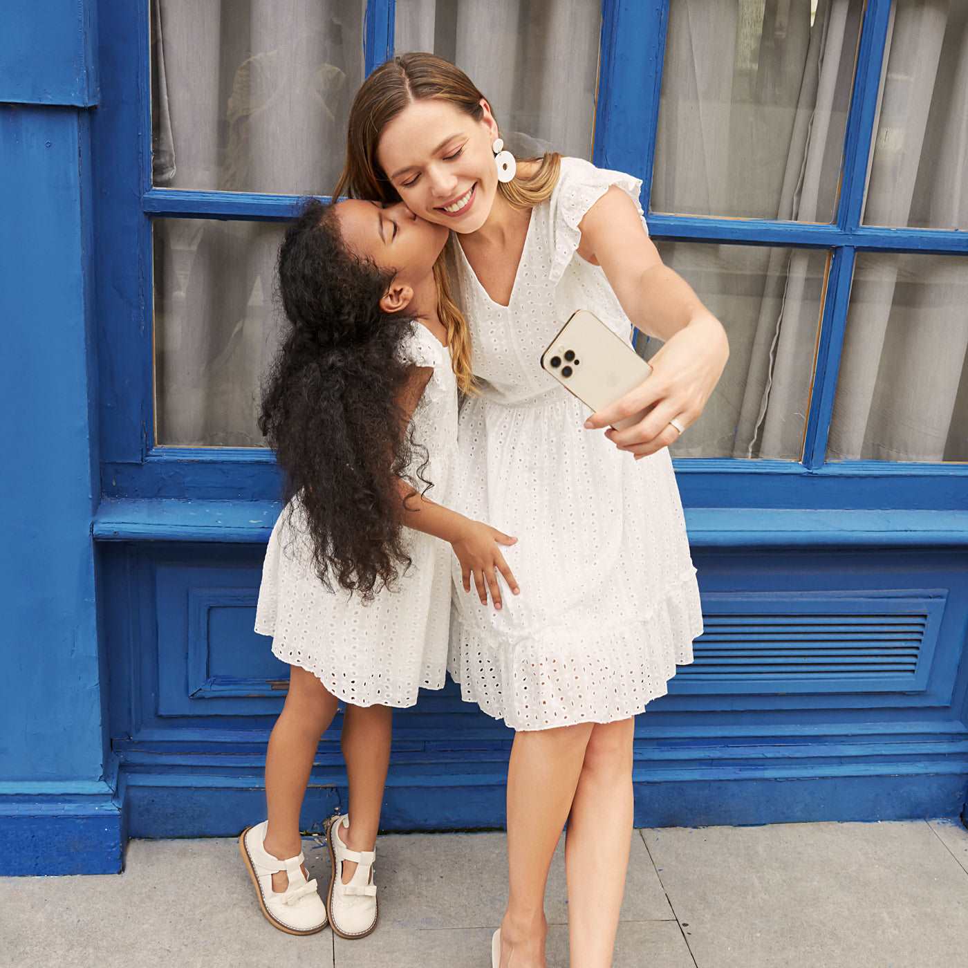 Mommy and Me 100% Cotton White Hollow-Out Floral Embroidered Ruffle Dress - 20388549