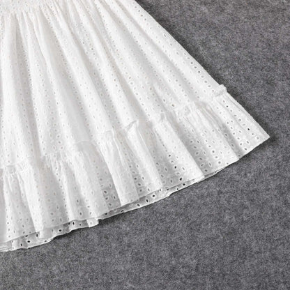 Mommy and Me 100% Cotton White Hollow-Out Floral Embroidered Ruffle Dress - 20388549