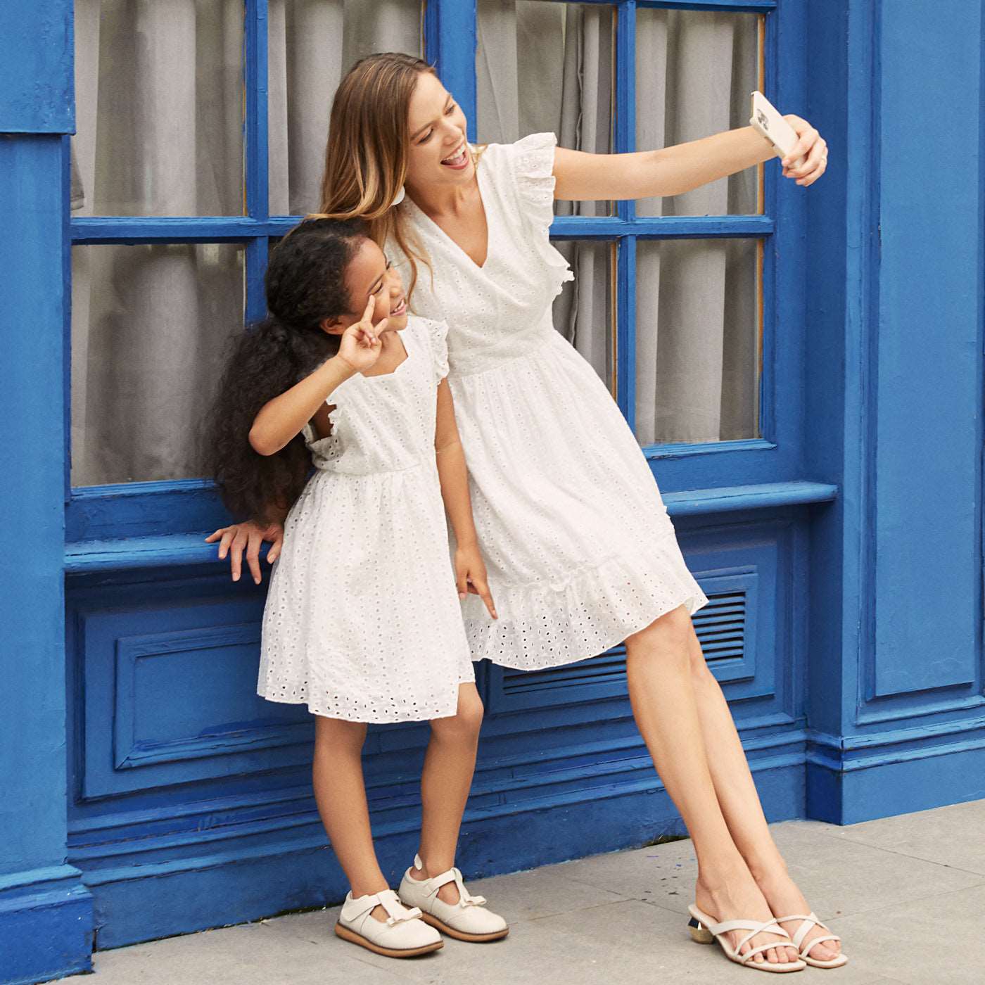 Mommy and Me 100% Cotton White Hollow-Out Floral Embroidered Ruffle Dress - 20388549