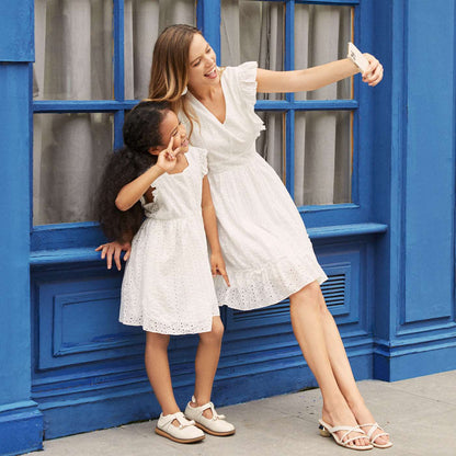 Mommy and Me 100% Cotton White Hollow-Out Floral Embroidered Ruffle Dress - 20388549