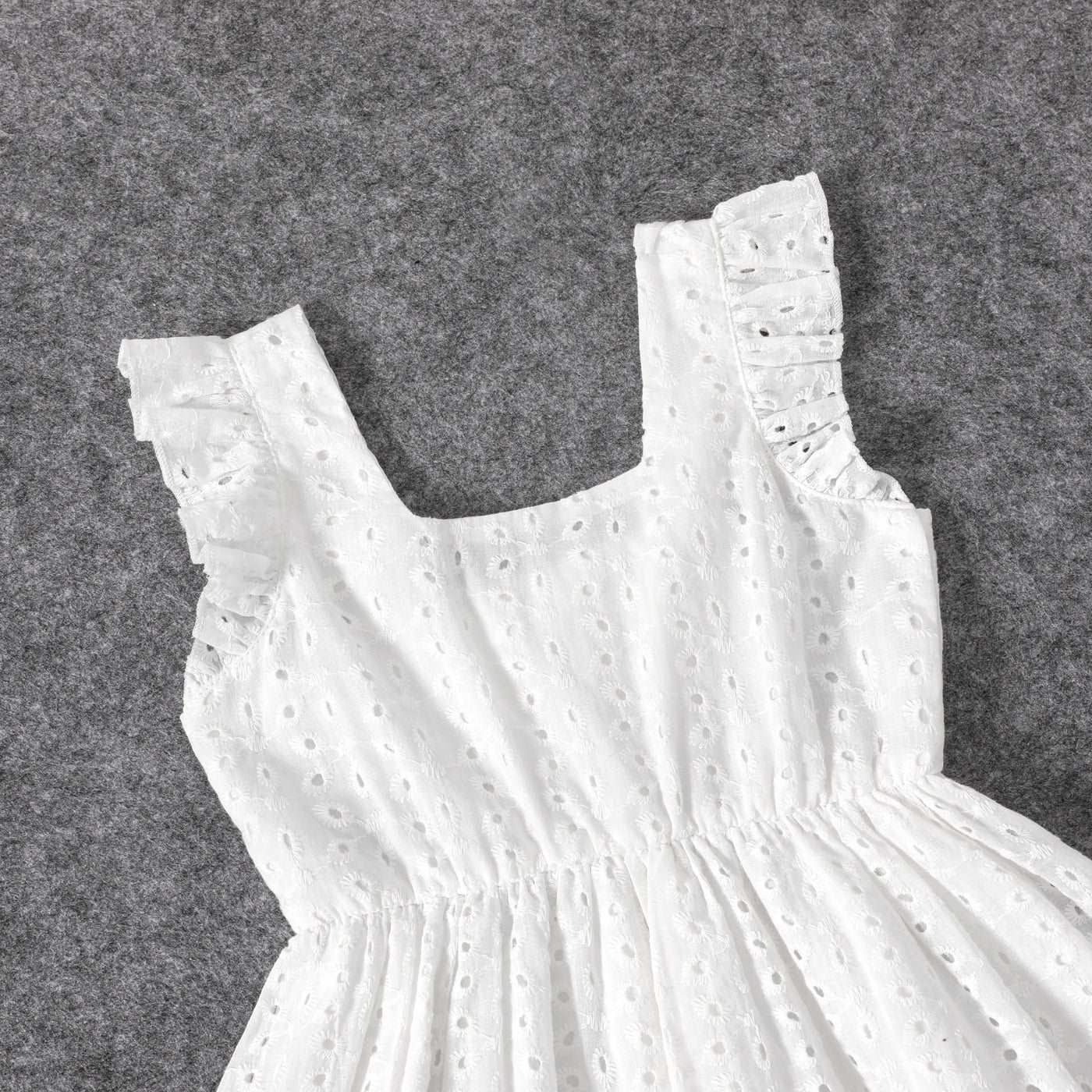 Mommy and Me 100% Cotton White Hollow-Out Floral Embroidered Ruffle Dress - 20388549
