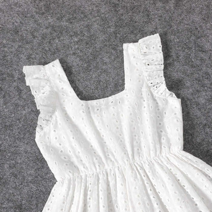 Mommy and Me 100% Cotton White Hollow-Out Floral Embroidered Ruffle Dress - 20388549