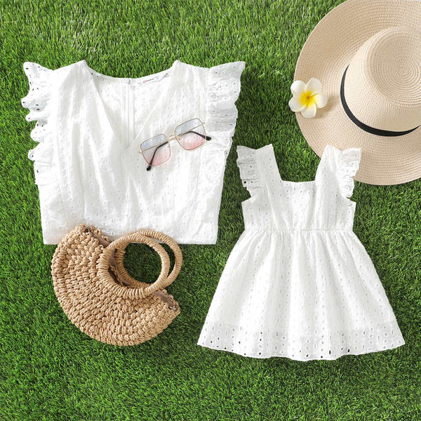 Mommy and Me 100% Cotton White Hollow-Out Floral Embroidered Ruffle Dress - 20388549