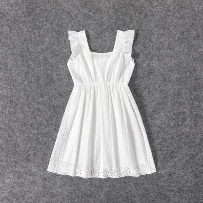 Mommy and Me 100% Cotton White Hollow-Out Floral Embroidered Ruffle Dress - 20388549