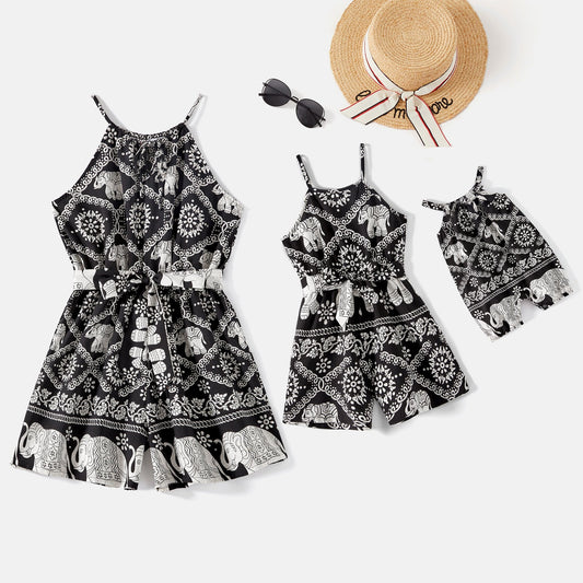 Mommy and Me Allover Elephant Print Spaghetti Strap Belted Rompers - 20584359