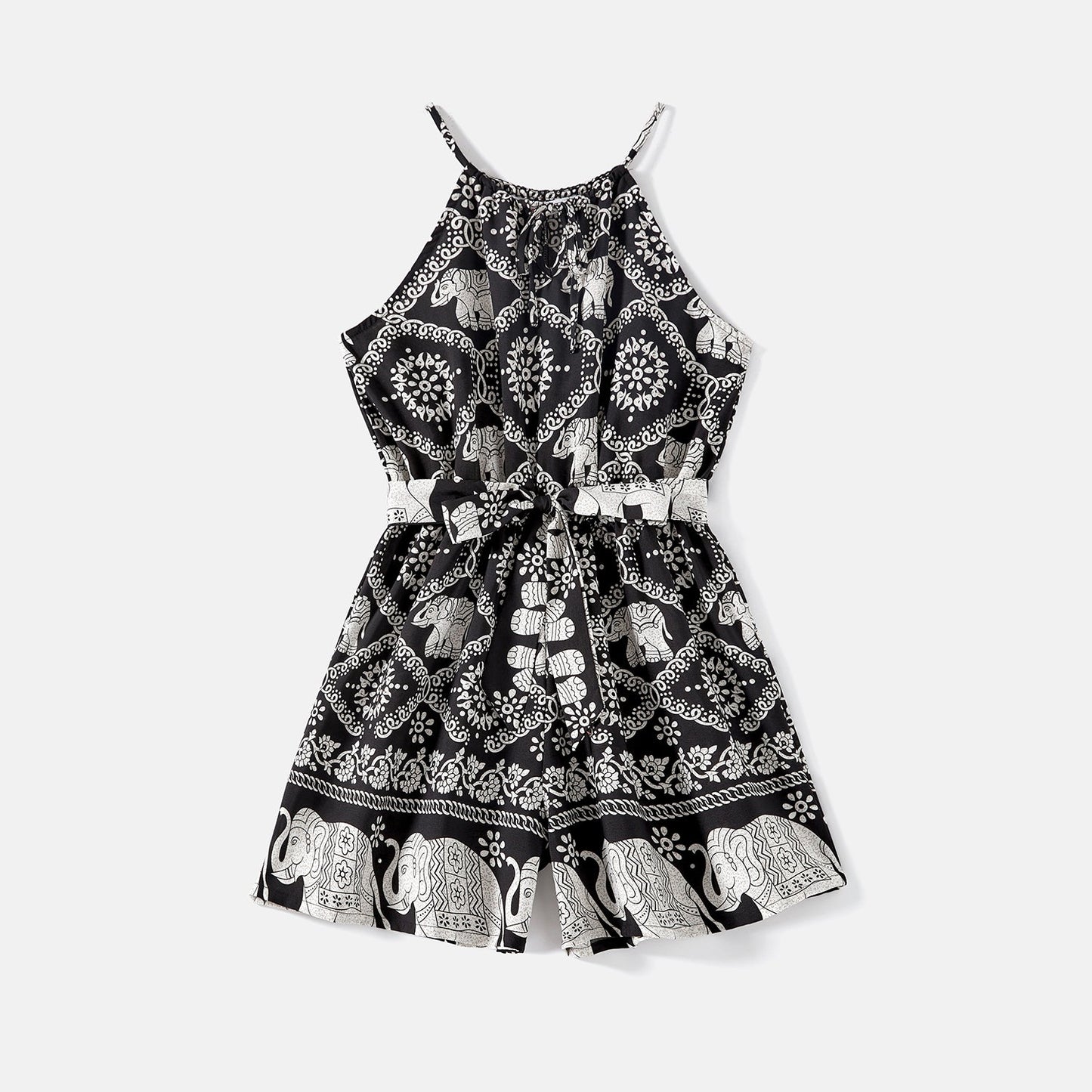 Mommy and Me Allover Elephant Print Spaghetti Strap Belted Rompers - 20584359