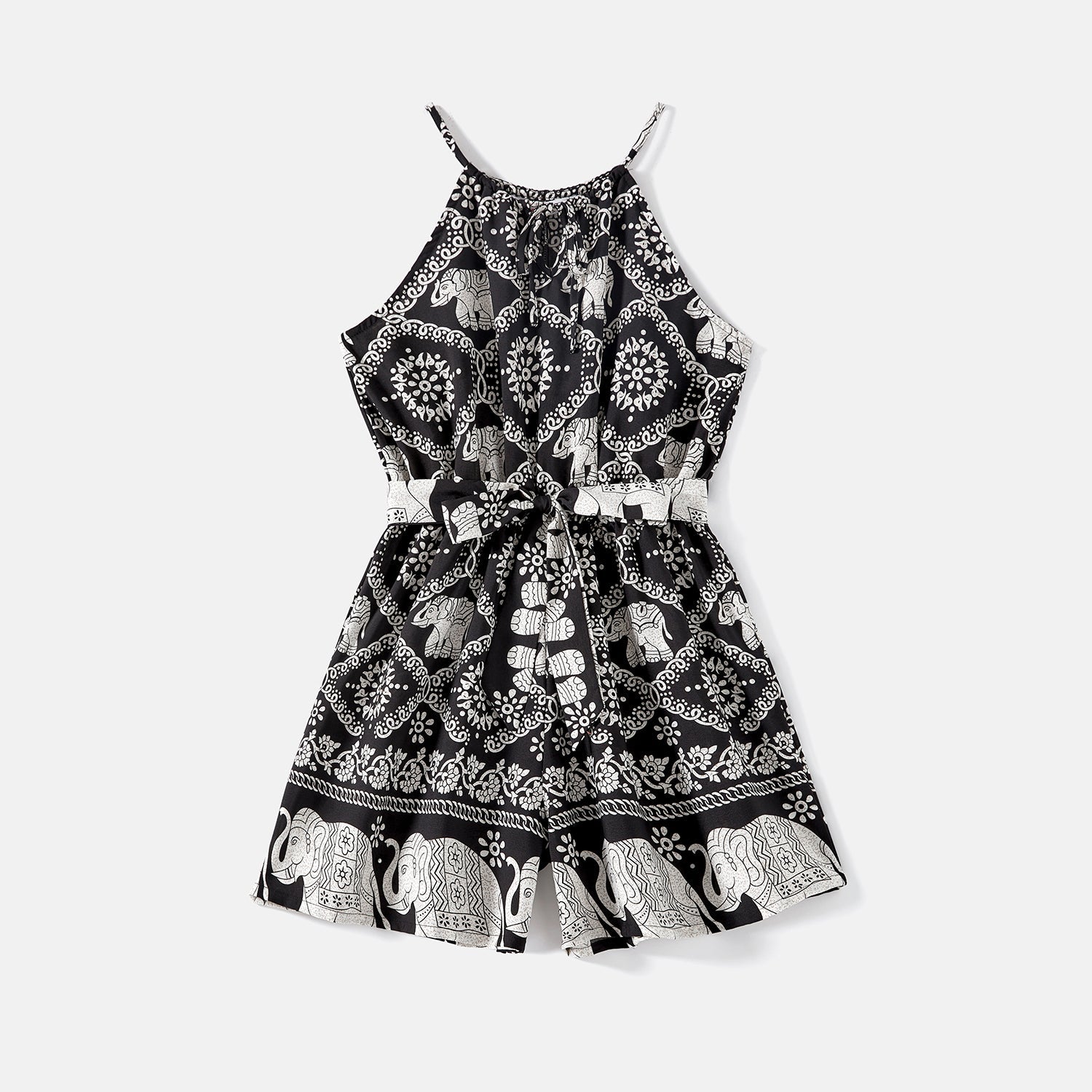 Mommy and Me Allover Elephant Print Spaghetti Strap Belted Rompers - 20584359
