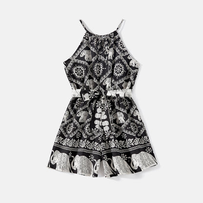 Mommy and Me Allover Elephant Print Spaghetti Strap Belted Rompers - 20584359