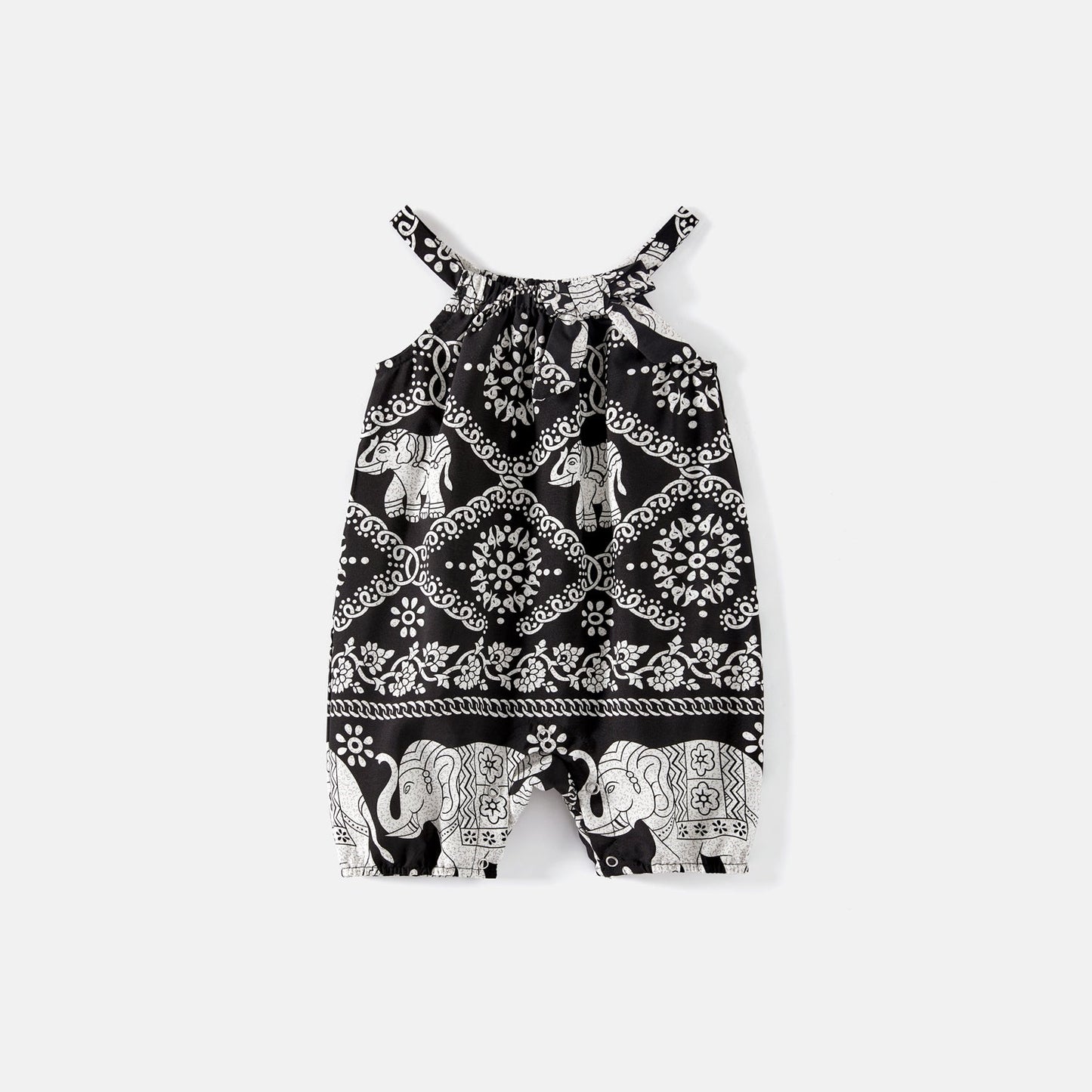 Mommy and Me Allover Elephant Print Spaghetti Strap Belted Rompers - 20584359