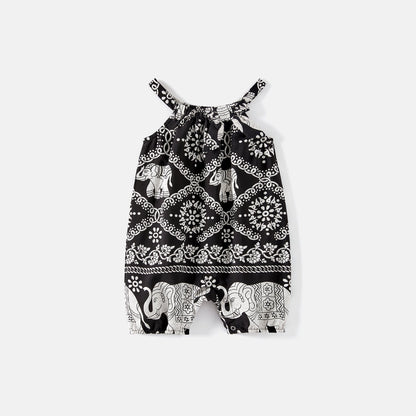Mommy and Me Allover Elephant Print Spaghetti Strap Belted Rompers - 20584359