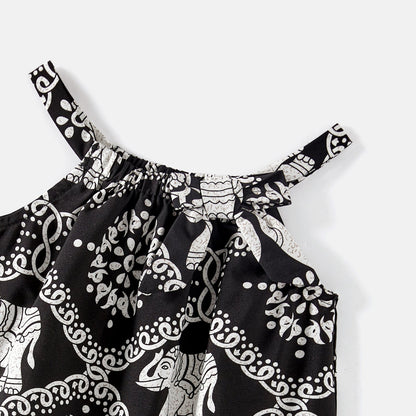 Mommy and Me Allover Elephant Print Spaghetti Strap Belted Rompers - 20584359