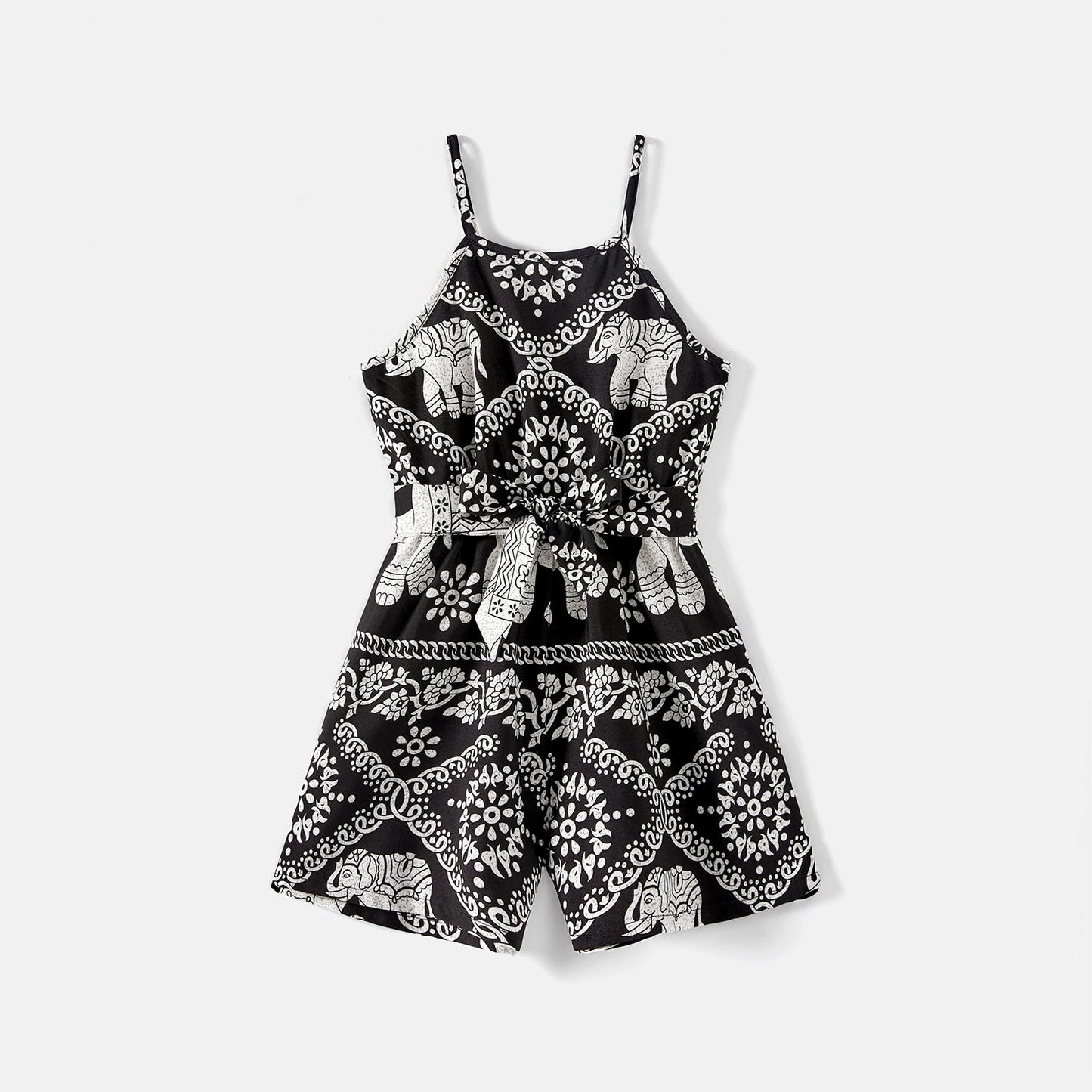 Mommy and Me Allover Elephant Print Spaghetti Strap Belted Rompers - 20584359