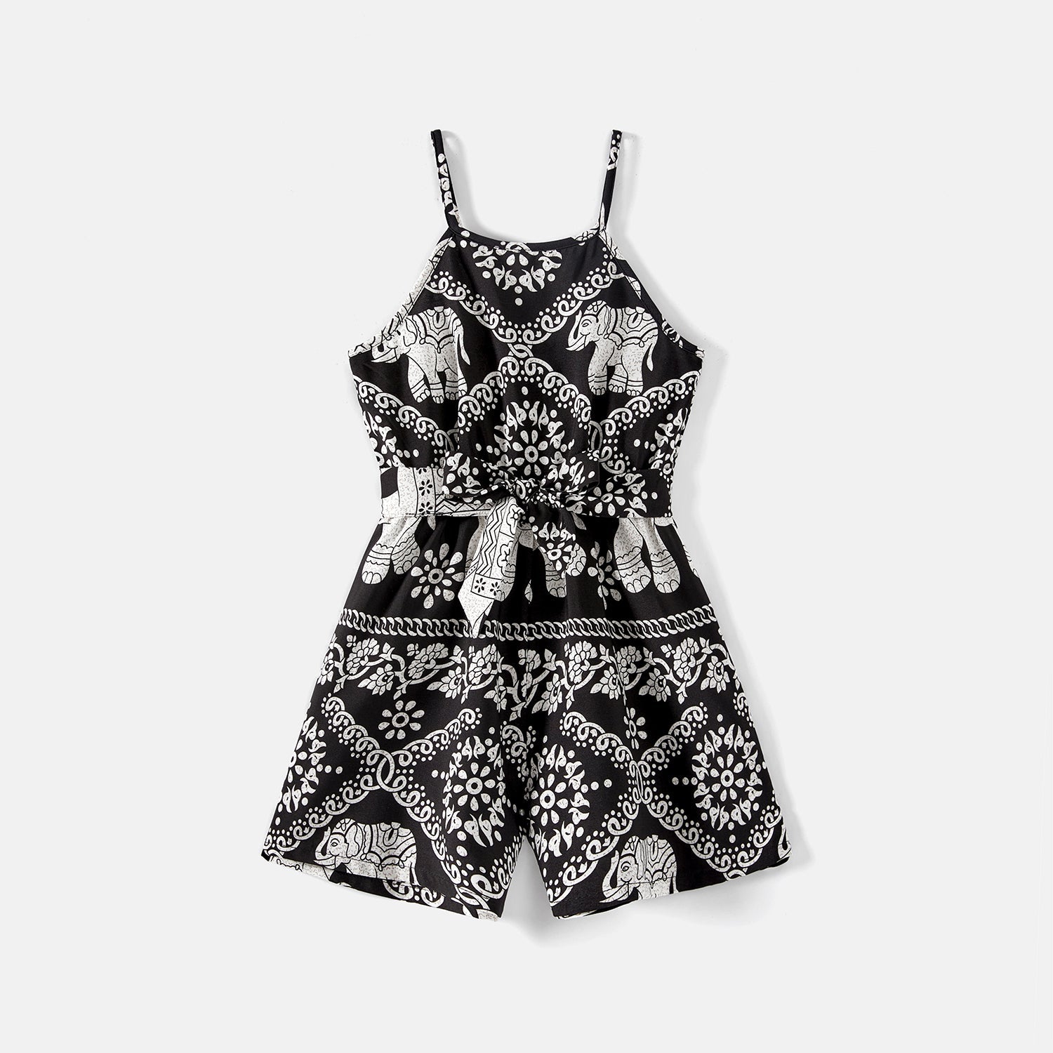 Mommy and Me Allover Elephant Print Spaghetti Strap Belted Rompers - 20584359