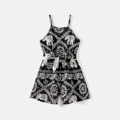 Mommy and Me Allover Elephant Print Spaghetti Strap Belted Rompers - 20584359
