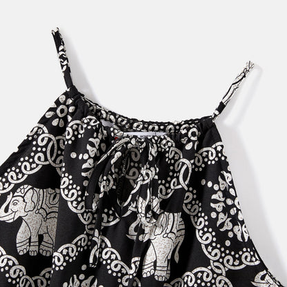 Mommy and Me Allover Elephant Print Spaghetti Strap Belted Rompers - 20584359