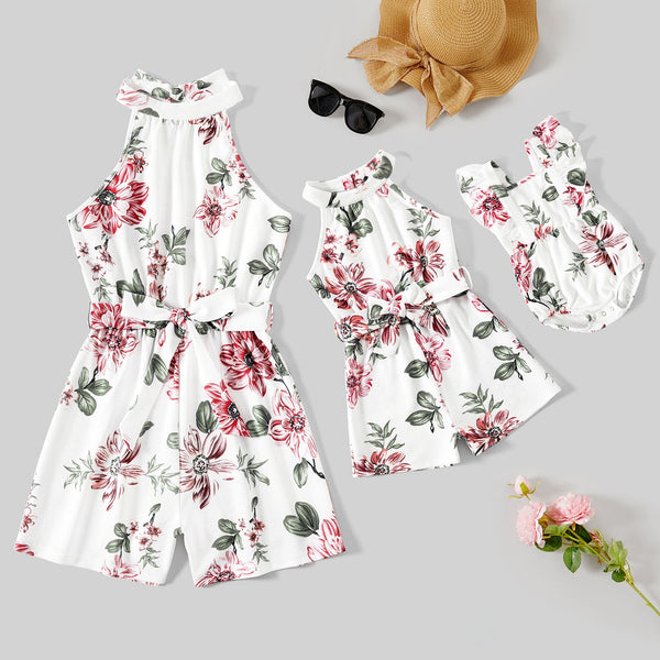 Mommy and Me Allover Floral Print Belted Halter Neck Romper Shorts - 20676024