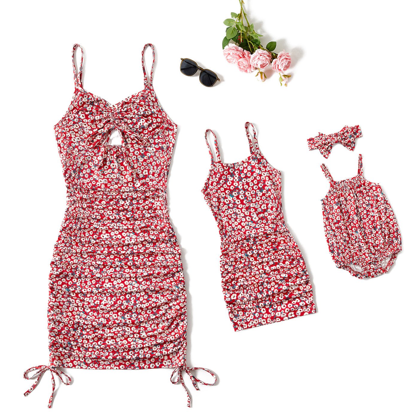 Mommy and Me Allover Floral Print Drawstring Ruched Bodycon Cami Dresses - 20557242